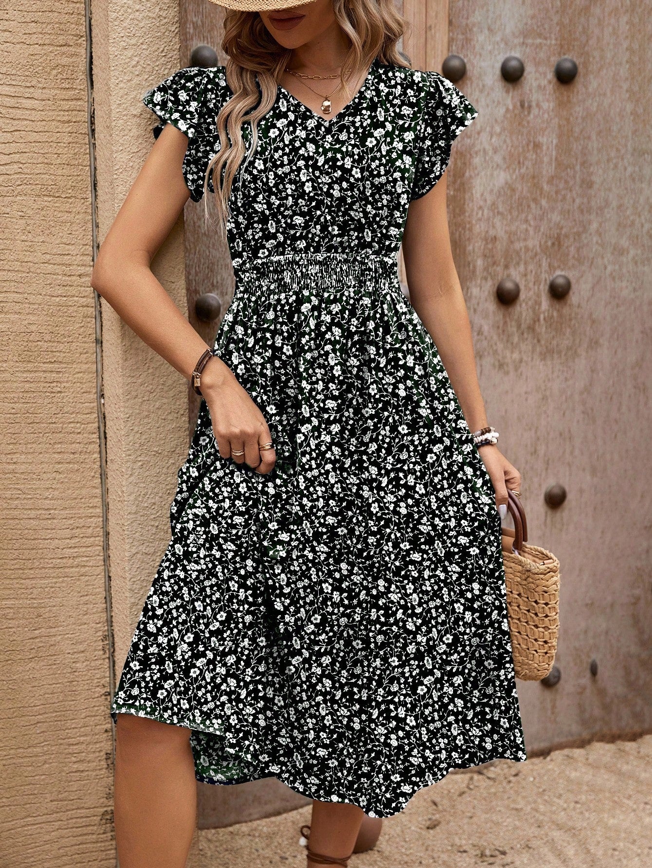 EMERY ROSE Women's Bohemian Style Floral Print V-Neck Waist Tie Short Sleeve Long Dress For Summer Vacation Burgundy Maxi Women Outfit