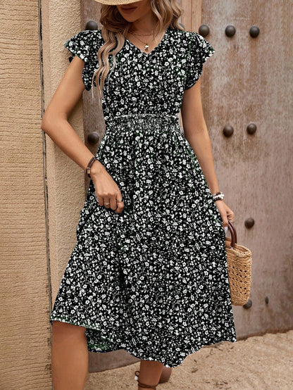 EMERY ROSE Women's Bohemian Style Floral Print V-Neck Waist Tie Short Sleeve Long Dress For Summer Vacation Burgundy Maxi Women Outfit