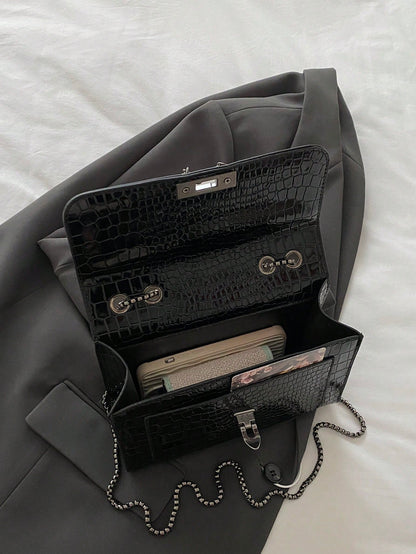 1pc Minimalist Fashion Indentation Diamond Shape Square Bag Lock Closure Flap Opening Metal Chain Shoulder Bag Suitable For Women's Daily Casual Use