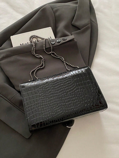 1pc Minimalist Fashion Indentation Diamond Shape Square Bag Lock Closure Flap Opening Metal Chain Shoulder Bag Suitable For Women's Daily Casual Use