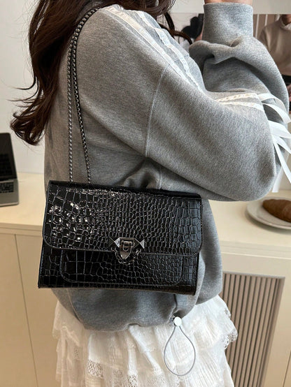 1pc Minimalist Fashion Indentation Diamond Shape Square Bag Lock Closure Flap Opening Metal Chain Shoulder Bag Suitable For Women's Daily Casual Use