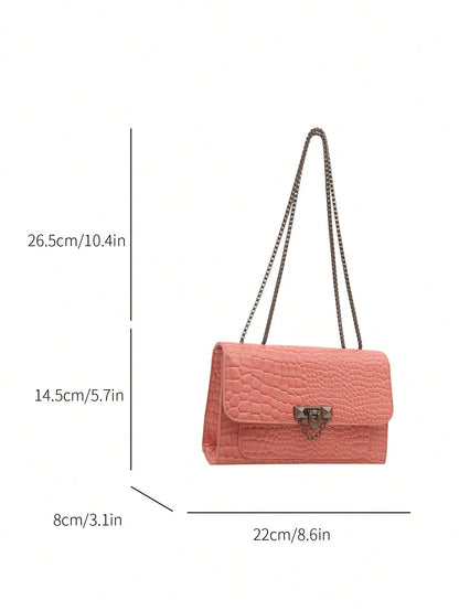 1pc Minimalist Fashion Indentation Diamond Shape Square Bag Lock Closure Flap Opening Metal Chain Shoulder Bag Suitable For Women's Daily Casual Use