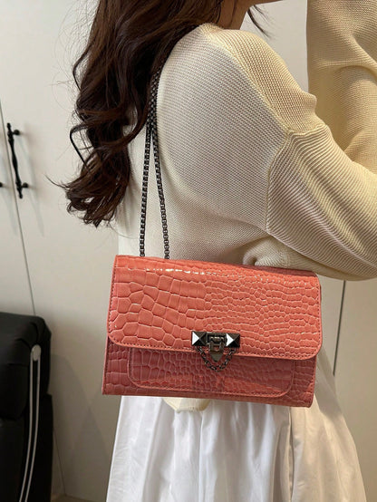 1pc Minimalist Fashion Indentation Diamond Shape Square Bag Lock Closure Flap Opening Metal Chain Shoulder Bag Suitable For Women's Daily Casual Use