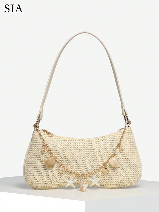1pc Women's Vintage Resort Ocean Creature Faux Pearl Woven Crossbody Bag, Suitable For Dates, Outings, Vacations