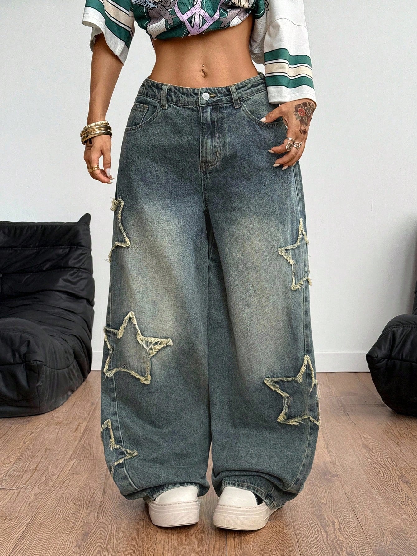 Coolane Women's Rapper Athleisure Grunge Star Pattern Washed Jeans