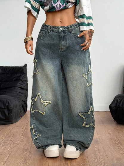 Coolane Women's Rapper Athleisure Grunge Star Pattern Washed Jeans