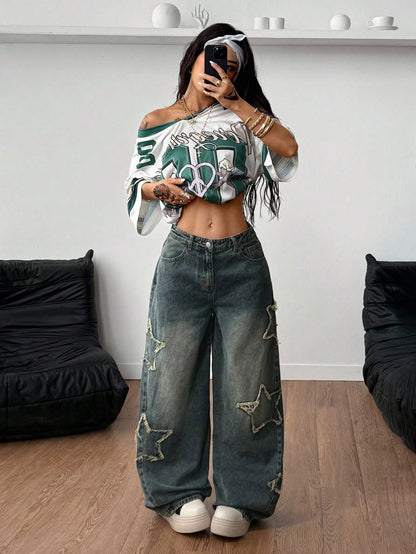 Coolane Women's Rapper Athleisure Grunge Star Pattern Washed Jeans