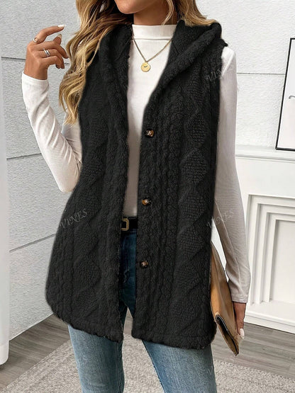 Solid Color Sleeveless Hooded Fluffy Coat For Women, New Autumn/Winter