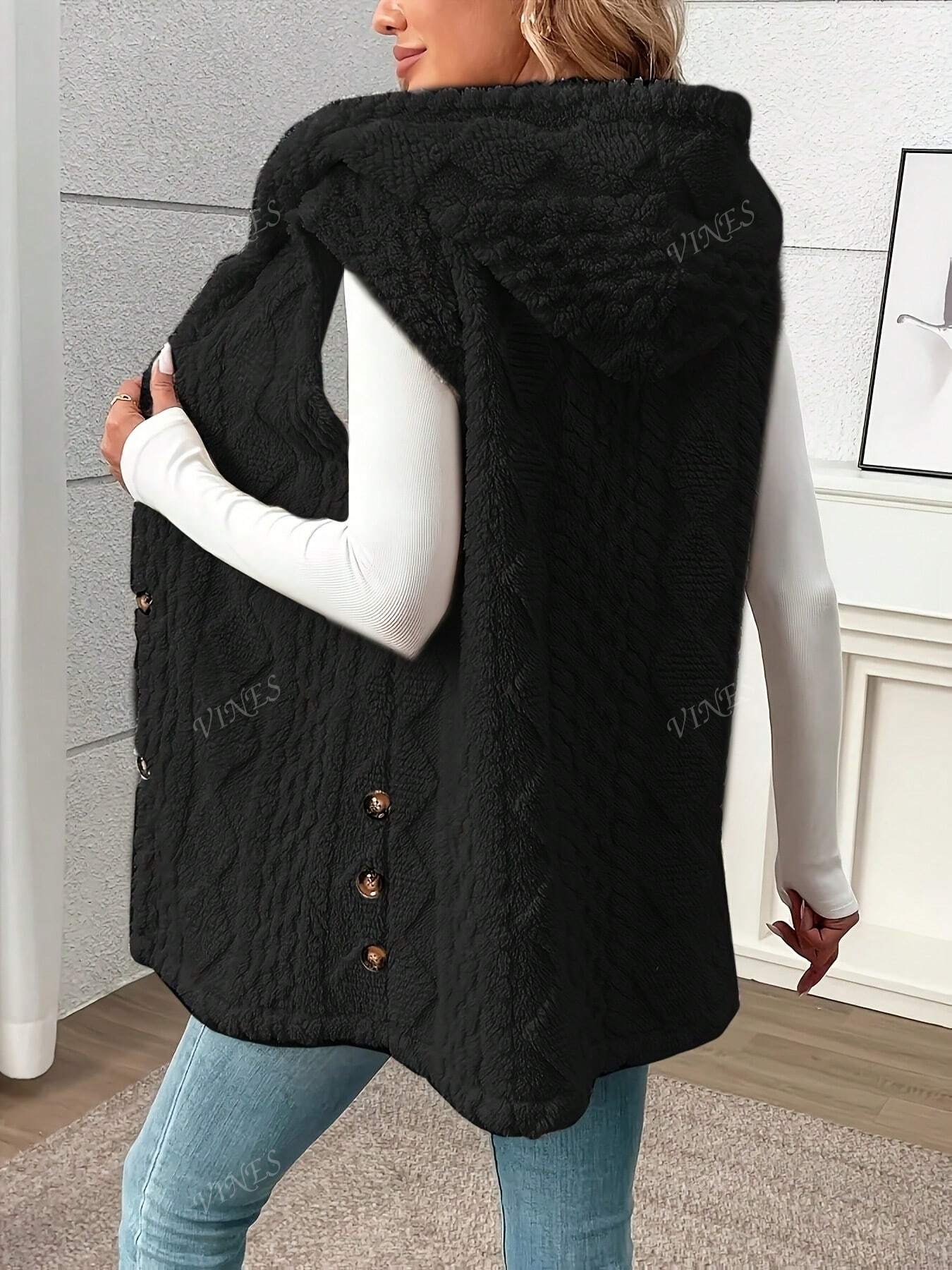 Solid Color Sleeveless Hooded Fluffy Coat For Women, New Autumn/Winter