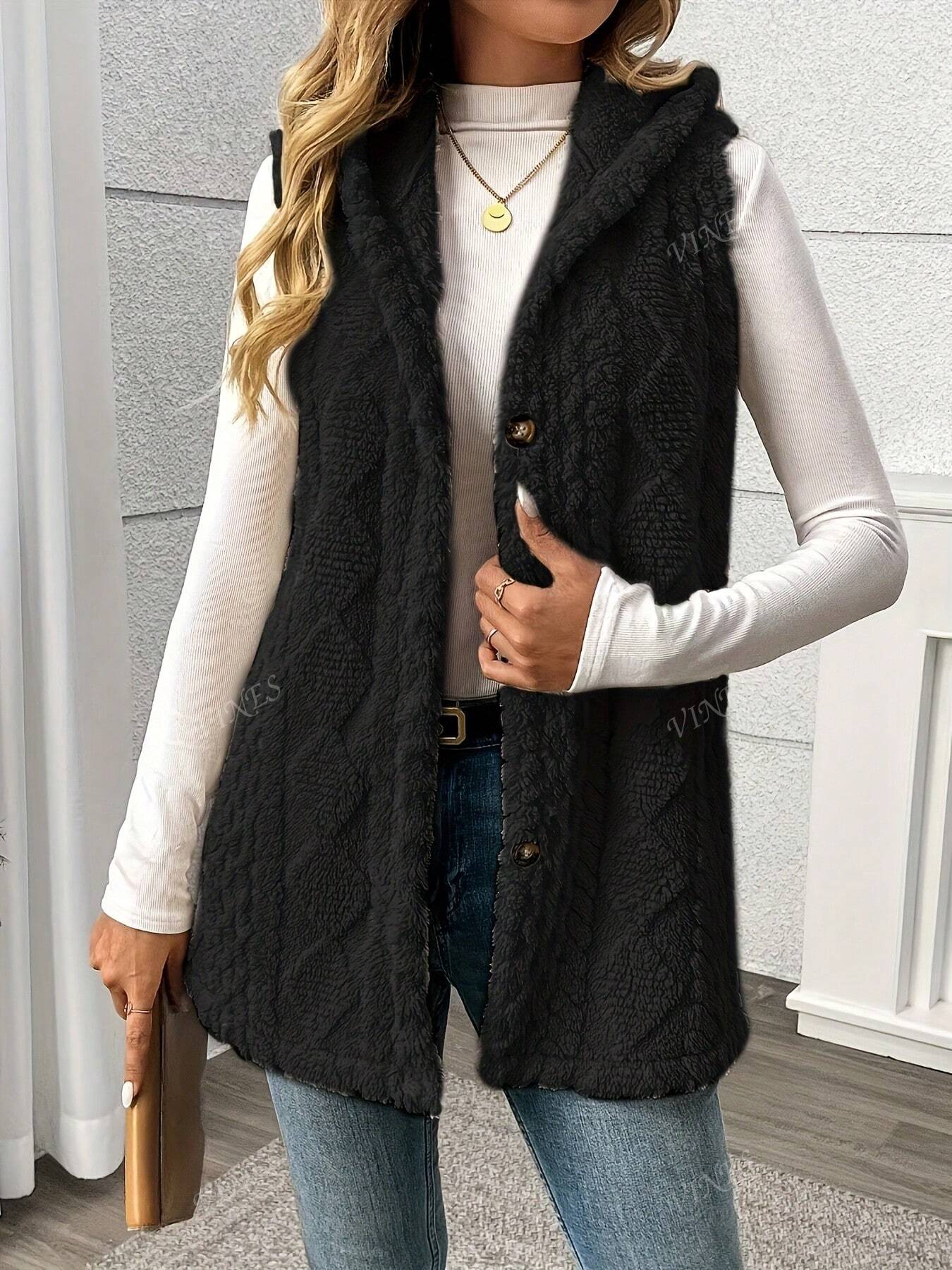 Solid Color Sleeveless Hooded Fluffy Coat For Women, New Autumn/Winter