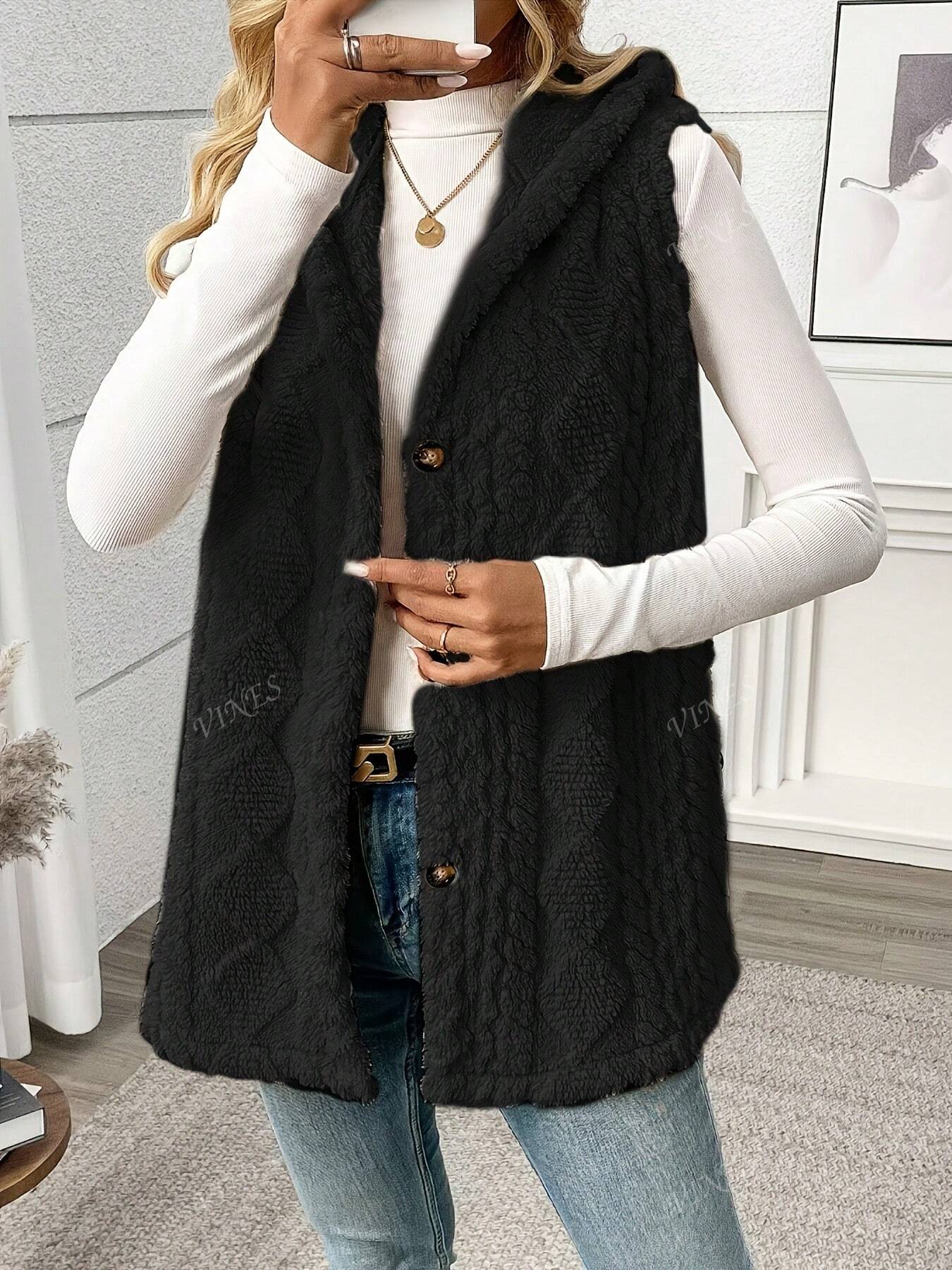 Solid Color Sleeveless Hooded Fluffy Coat For Women, New Autumn/Winter