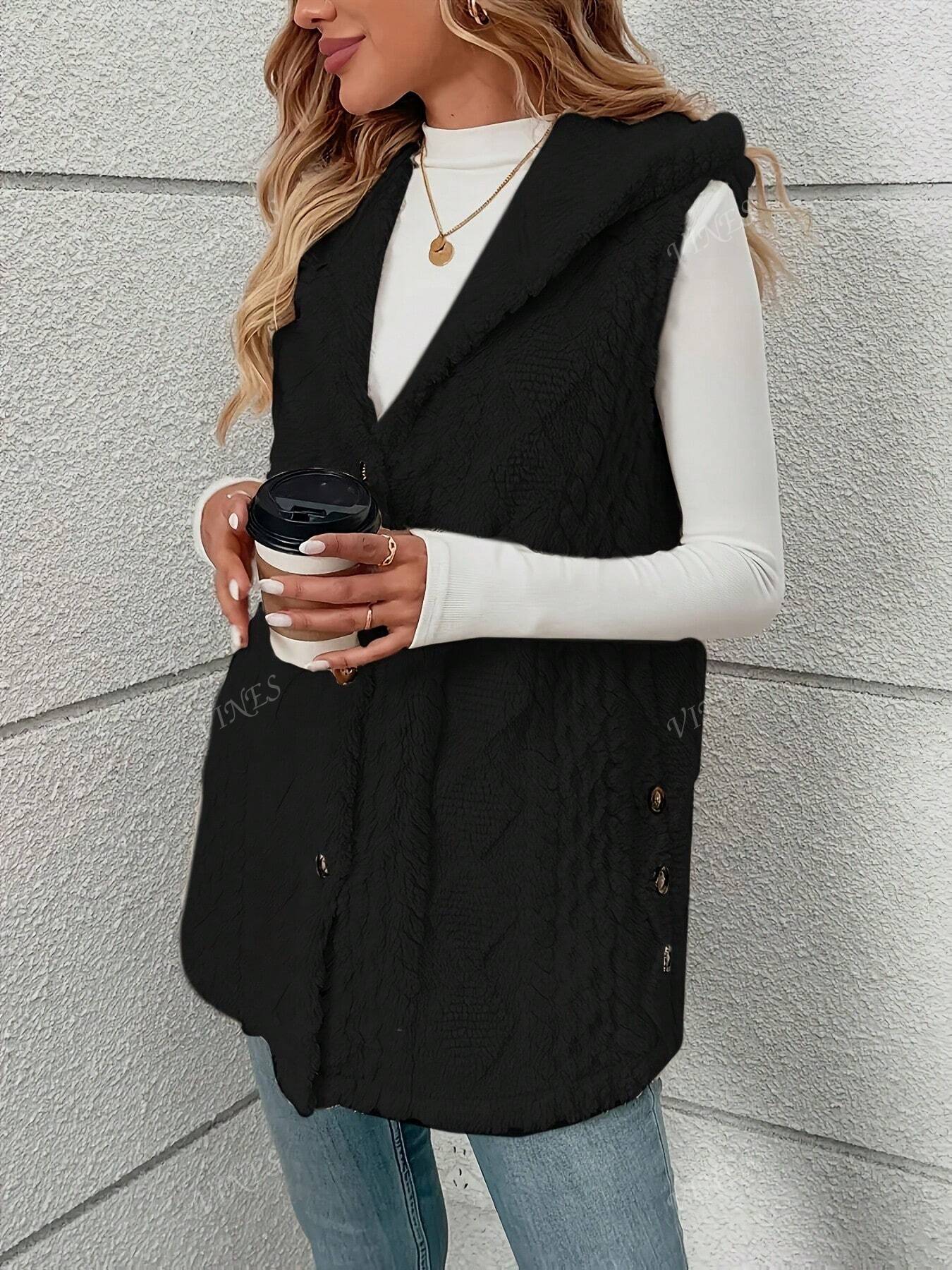Solid Color Sleeveless Hooded Fluffy Coat For Women, New Autumn/Winter