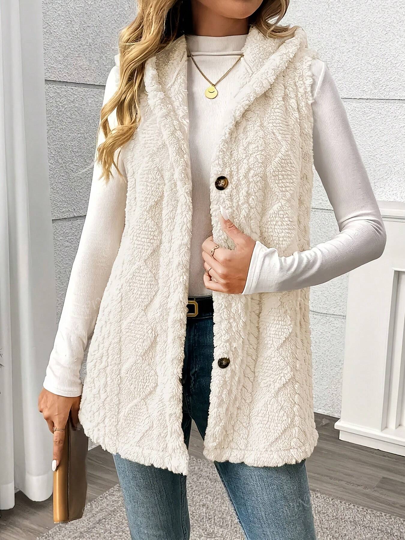 Solid Color Sleeveless Hooded Fluffy Coat For Women, New Autumn/Winter