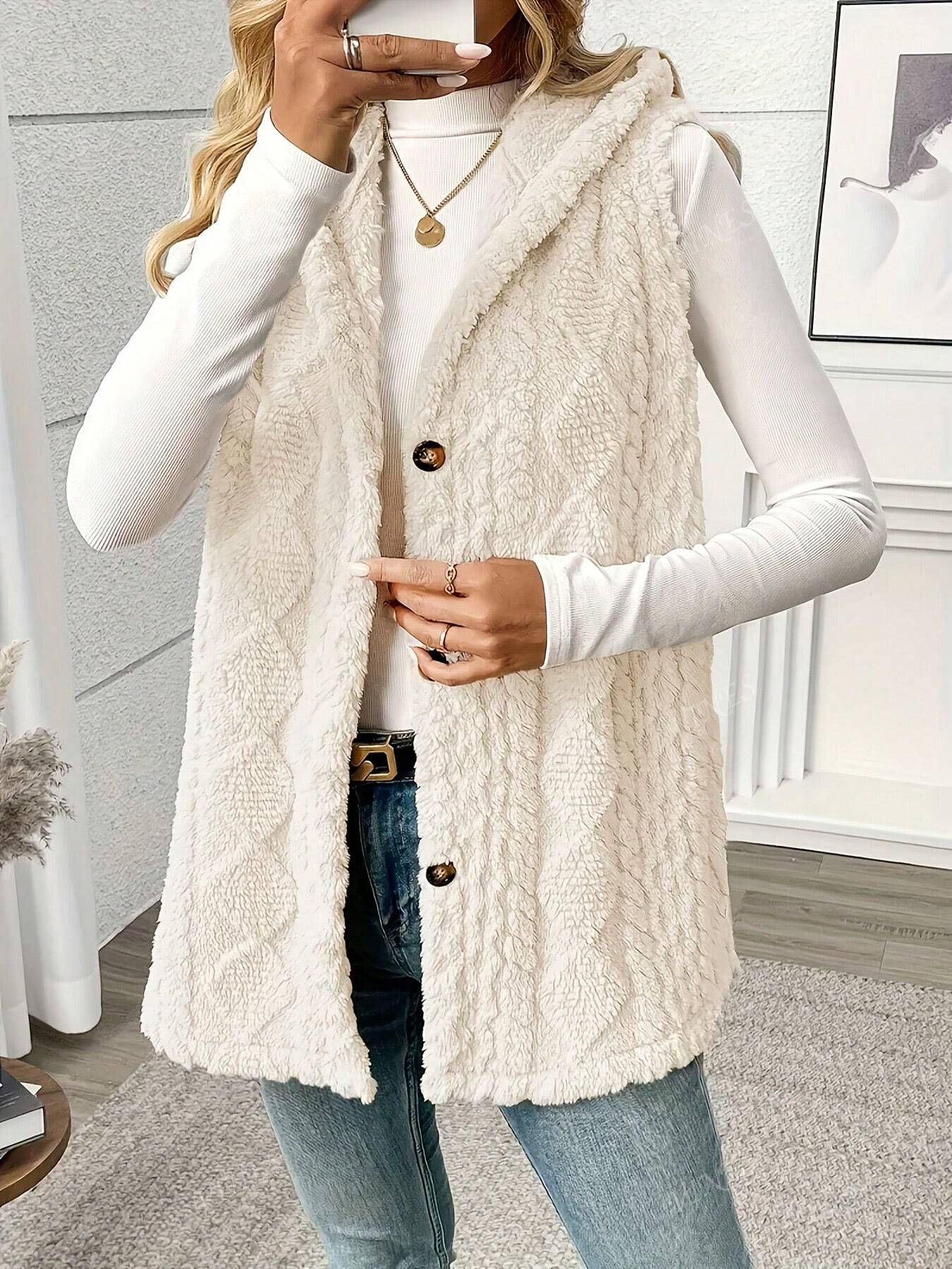 Solid Color Sleeveless Hooded Fluffy Coat For Women, New Autumn/Winter