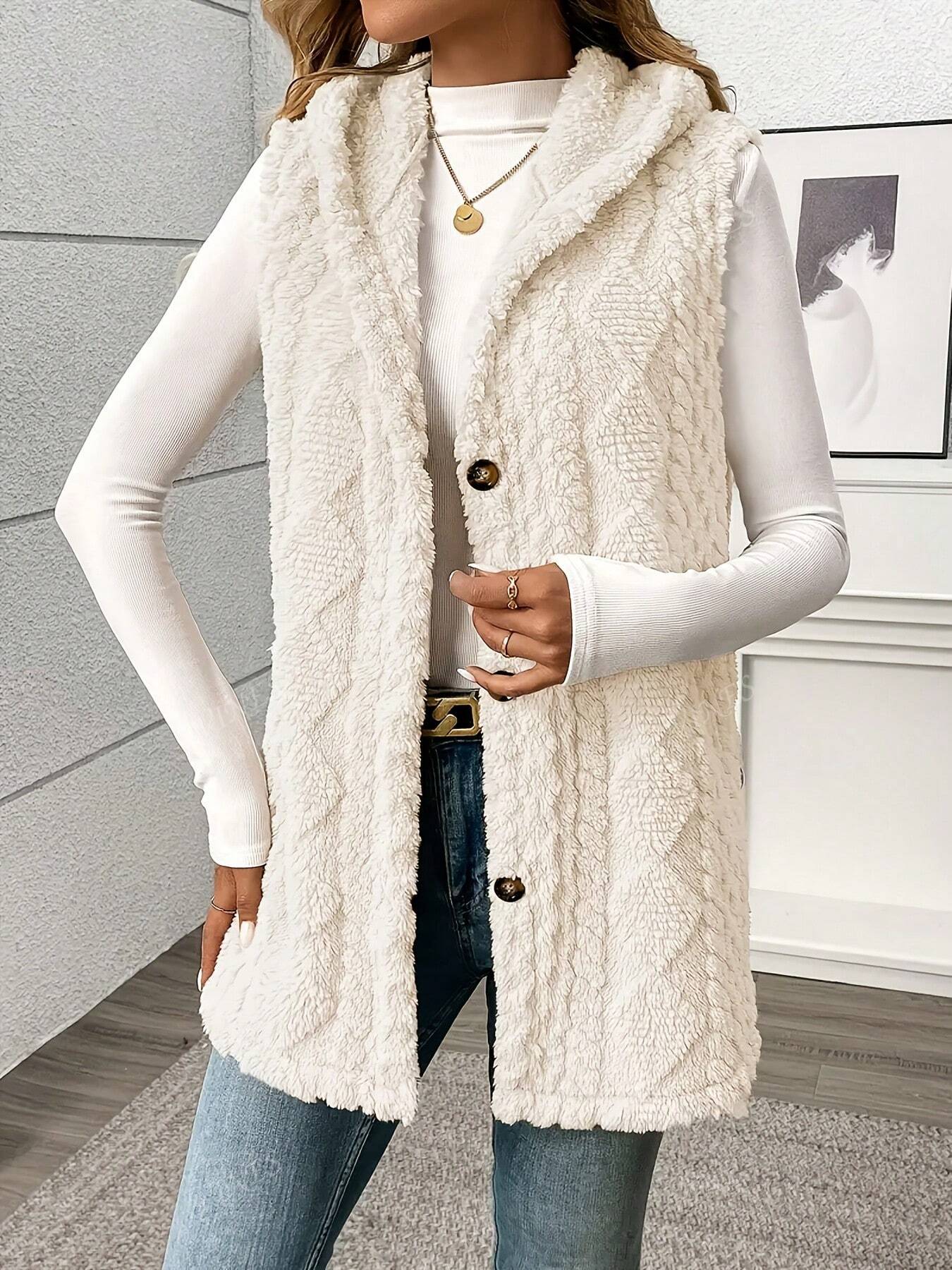 Solid Color Sleeveless Hooded Fluffy Coat For Women, New Autumn/Winter