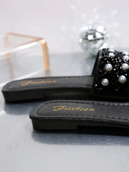 New Plus Size Luxury Anti-Slip Square Toe Mule Rhinestone & Pearl Embellished Fashion Versatile Women Beach Vacation Sandals