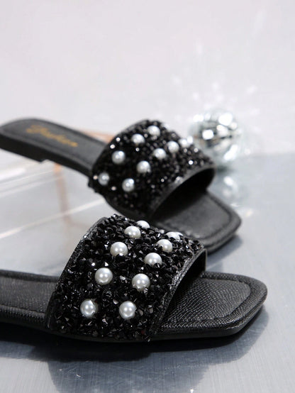 New Plus Size Luxury Anti-Slip Square Toe Mule Rhinestone & Pearl Embellished Fashion Versatile Women Beach Vacation Sandals