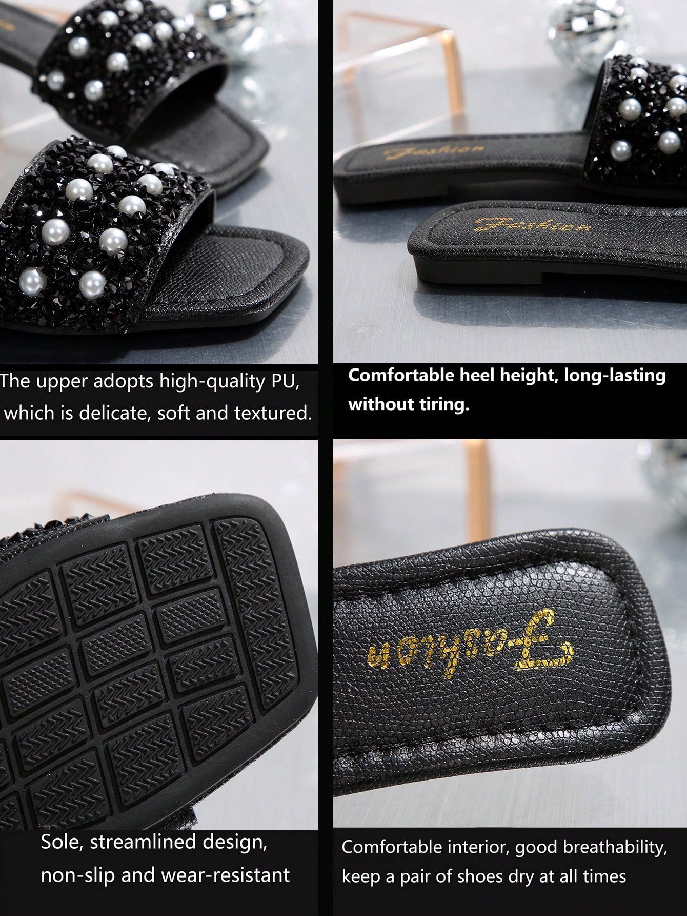 New Plus Size Luxury Anti-Slip Square Toe Mule Rhinestone & Pearl Embellished Fashion Versatile Women Beach Vacation Sandals