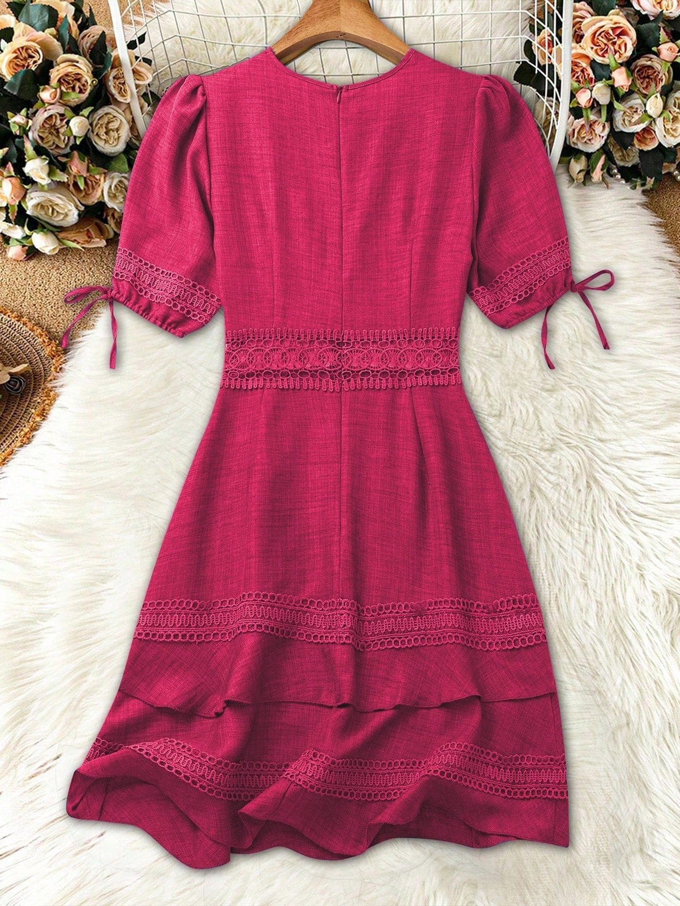 SHEIN Clasi Women's Solid Color Lace Trim Puff Sleeve Mini Dress, Summer