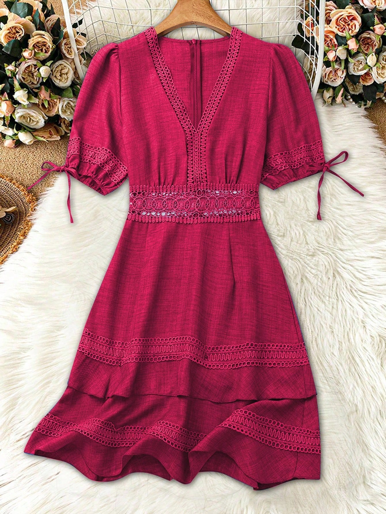 SHEIN Clasi Women's Solid Color Lace Trim Puff Sleeve Mini Dress, Summer