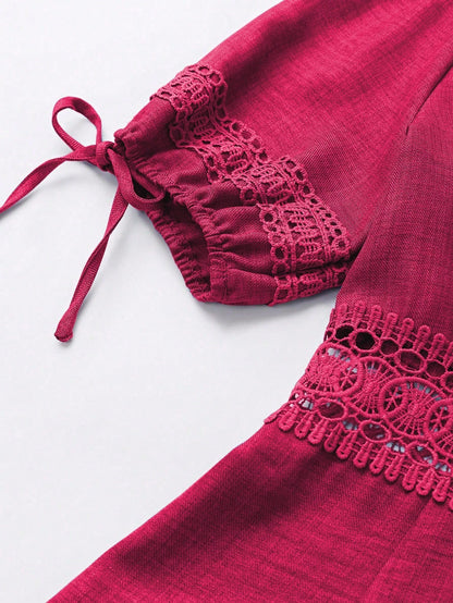 SHEIN Clasi Women's Solid Color Lace Trim Puff Sleeve Mini Dress, Summer