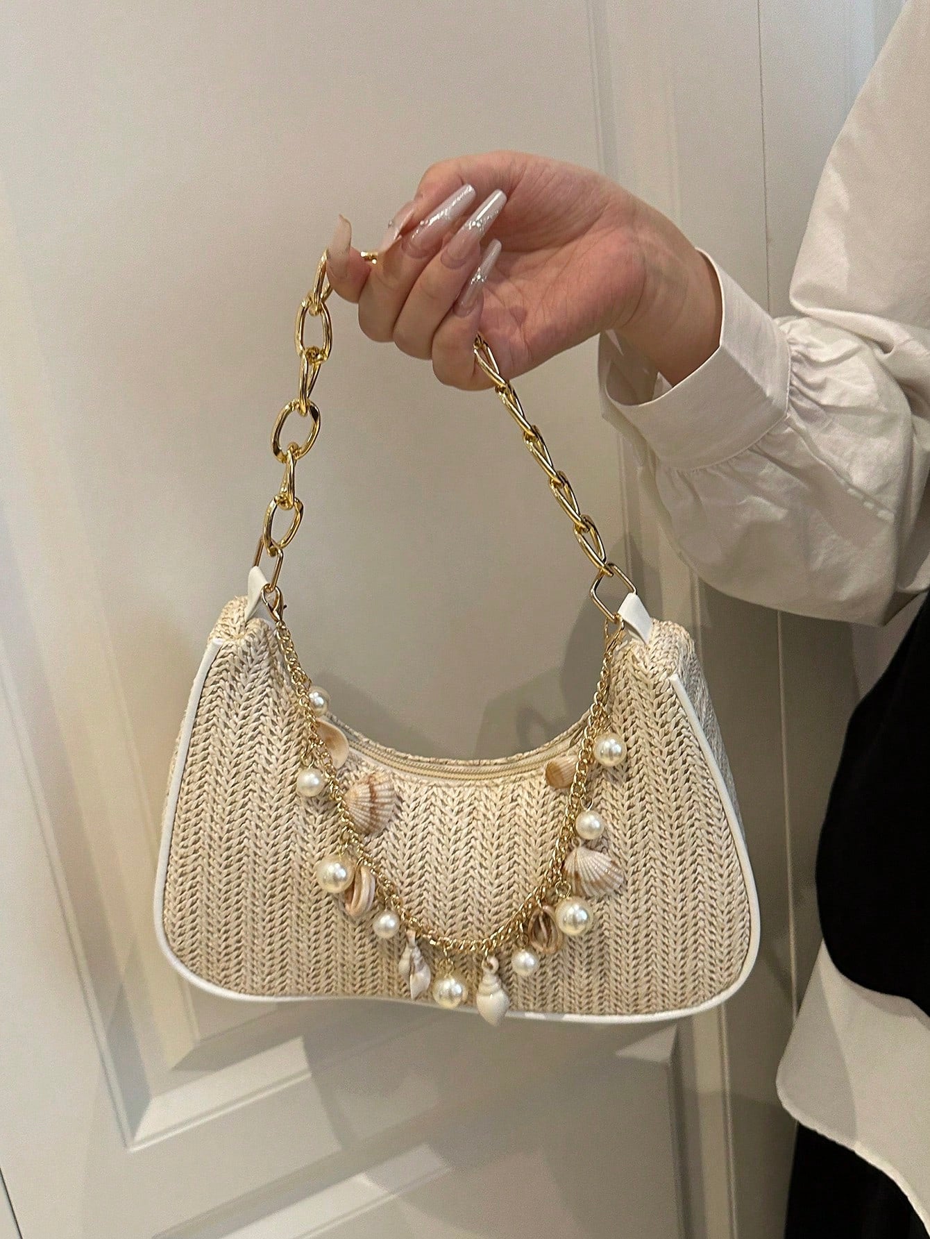 Fashionable Solid-Color Metal Chain Straw Crescent Moon Tote Bag, Women's Multi-Purpose Handbag, Clutch, Beach Bag, Casual Straw Handbag, Phone Pouch