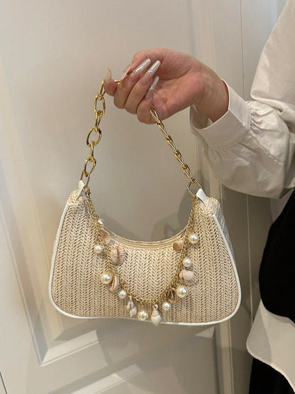 Fashionable Solid-Color Metal Chain Straw Crescent Moon Tote Bag, Women's Multi-Purpose Handbag, Clutch, Beach Bag, Casual Straw Handbag, Phone Pouch