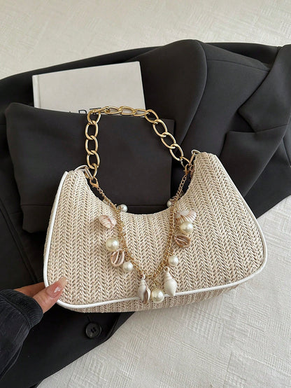 Fashionable Solid-Color Metal Chain Straw Crescent Moon Tote Bag, Women's Multi-Purpose Handbag, Clutch, Beach Bag, Casual Straw Handbag, Phone Pouch