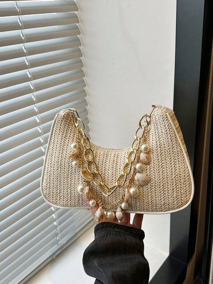 Fashionable Solid-Color Metal Chain Straw Crescent Moon Tote Bag, Women's Multi-Purpose Handbag, Clutch, Beach Bag, Casual Straw Handbag, Phone Pouch