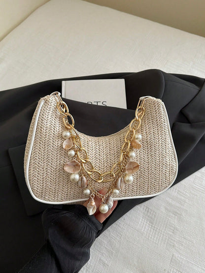 Fashionable Solid-Color Metal Chain Straw Crescent Moon Tote Bag, Women's Multi-Purpose Handbag, Clutch, Beach Bag, Casual Straw Handbag, Phone Pouch