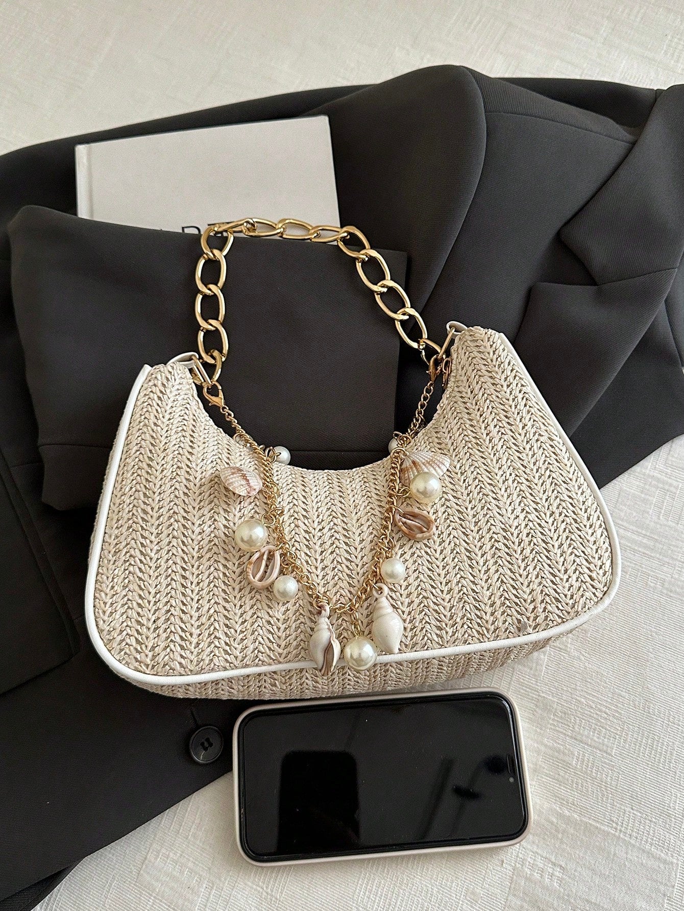 Fashionable Solid-Color Metal Chain Straw Crescent Moon Tote Bag, Women's Multi-Purpose Handbag, Clutch, Beach Bag, Casual Straw Handbag, Phone Pouch