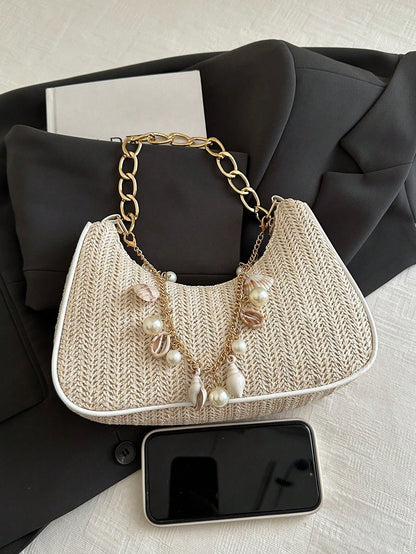 Fashionable Solid-Color Metal Chain Straw Crescent Moon Tote Bag, Women's Multi-Purpose Handbag, Clutch, Beach Bag, Casual Straw Handbag, Phone Pouch