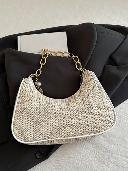 Fashionable Solid-Color Metal Chain Straw Crescent Moon Tote Bag, Women's Multi-Purpose Handbag, Clutch, Beach Bag, Casual Straw Handbag, Phone Pouch