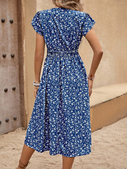 EMERY ROSE Women's Bohemian Style Floral Print V-Neck Waist Tie Short Sleeve Long Dress For Summer Vacation Burgundy Maxi Women Outfit