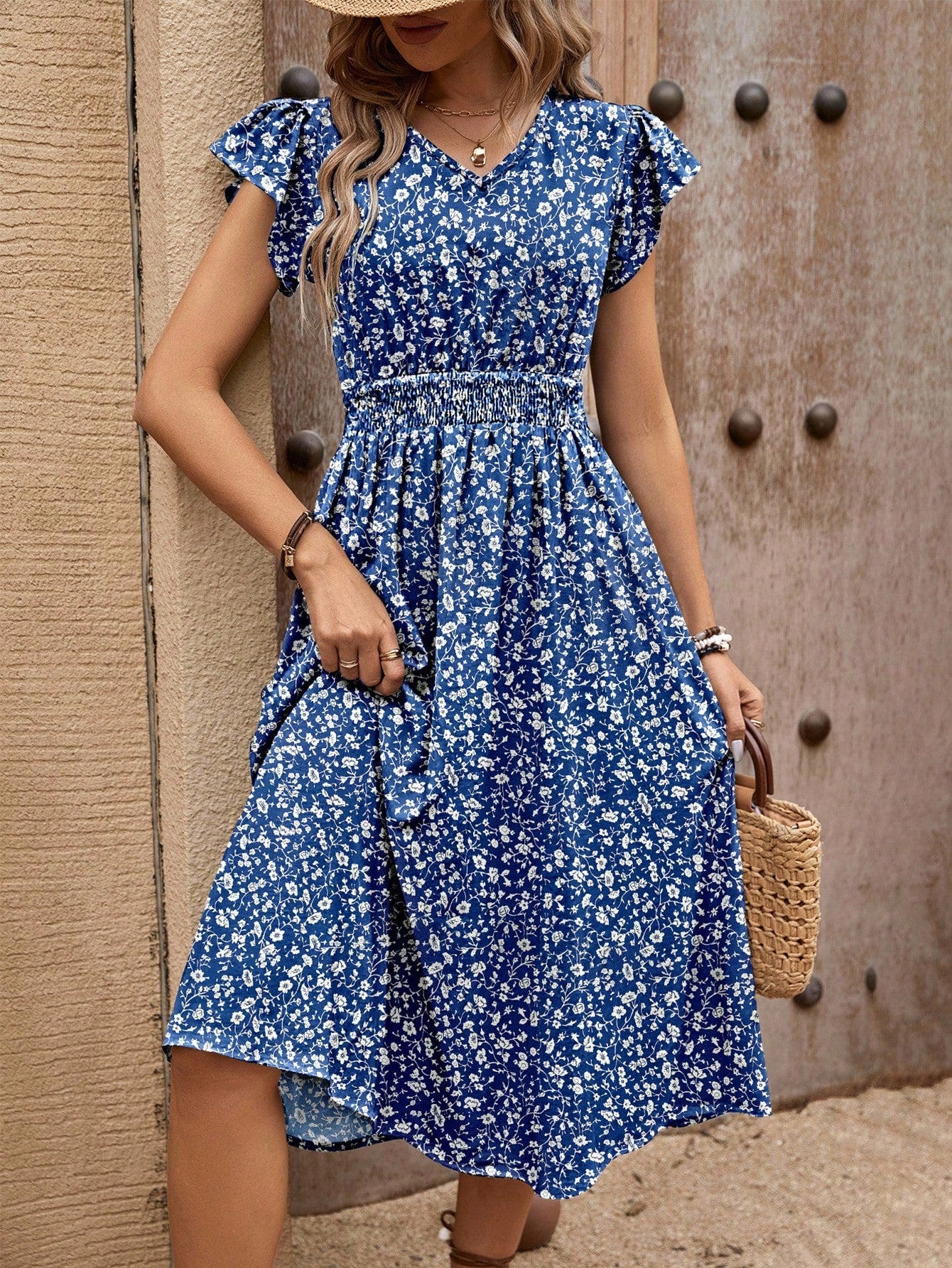 EMERY ROSE Women's Bohemian Style Floral Print V-Neck Waist Tie Short Sleeve Long Dress For Summer Vacation Burgundy Maxi Women Outfit