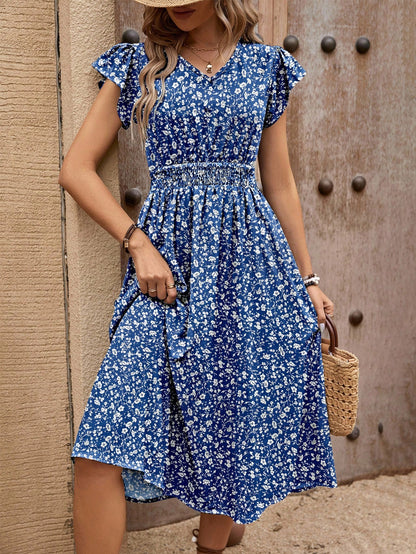 EMERY ROSE Women's Bohemian Style Floral Print V-Neck Waist Tie Short Sleeve Long Dress For Summer Vacation Burgundy Maxi Women Outfit