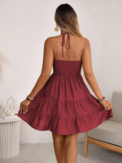 Breezaya Women's Spring/Summer Single Bamboo Knot Linen Vacation Beach Dress, Bohemian Western Shirred Shirred Bust Tiered Skirt A-Line Backless Adjustable Halter Bow Dress