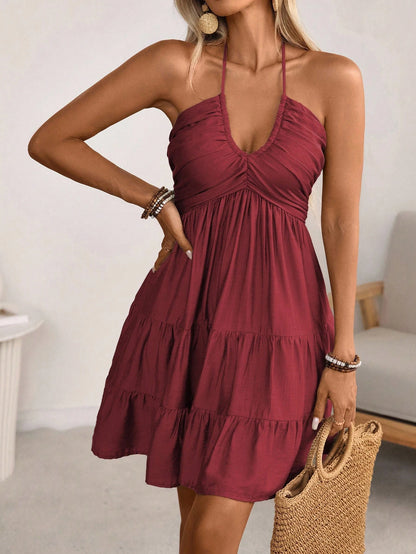 Breezaya Women's Spring/Summer Single Bamboo Knot Linen Vacation Beach Dress, Bohemian Western Shirred Shirred Bust Tiered Skirt A-Line Backless Adjustable Halter Bow Dress