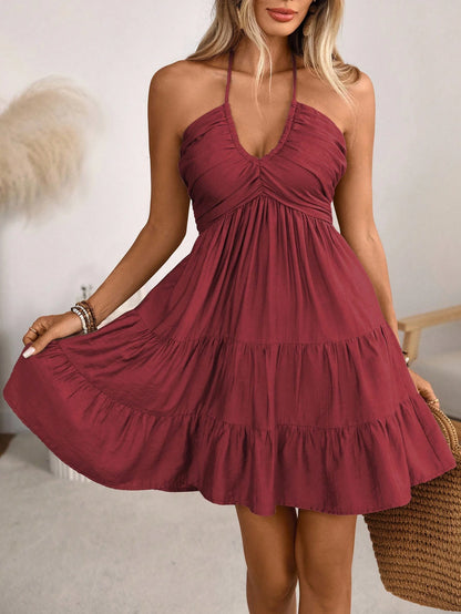 Breezaya Women's Spring/Summer Single Bamboo Knot Linen Vacation Beach Dress, Bohemian Western Shirred Shirred Bust Tiered Skirt A-Line Backless Adjustable Halter Bow Dress