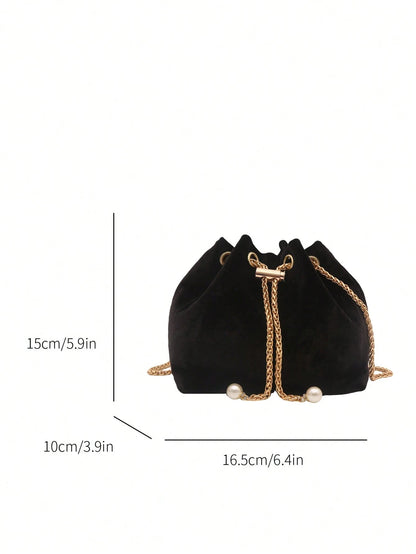 Fashion Solid Color Hollow Out Woven Chain Drawstring Mini Crossbody Bucket Bag