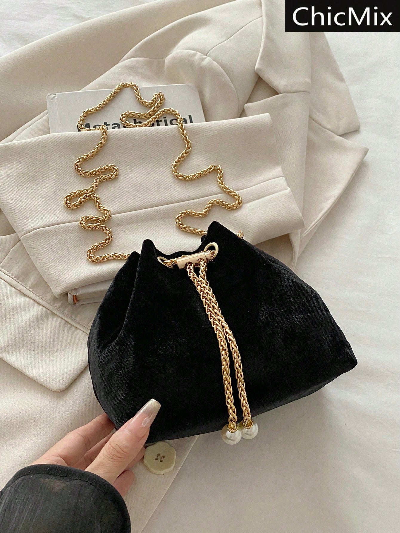 Fashion Solid Color Hollow Out Woven Chain Drawstring Mini Crossbody Bucket Bag