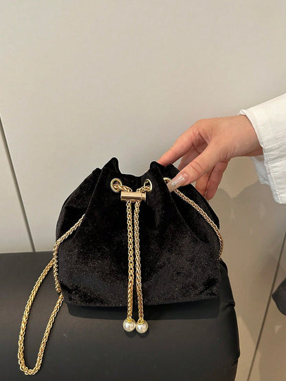 Fashion Solid Color Hollow Out Woven Chain Drawstring Mini Crossbody Bucket Bag