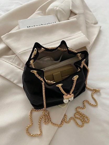 Fashion Solid Color Hollow Out Woven Chain Drawstring Mini Crossbody Bucket Bag