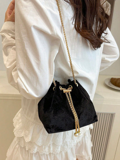 Fashion Solid Color Hollow Out Woven Chain Drawstring Mini Crossbody Bucket Bag