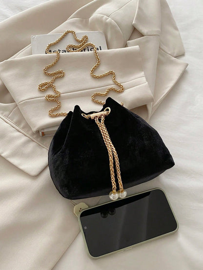 Fashion Solid Color Hollow Out Woven Chain Drawstring Mini Crossbody Bucket Bag