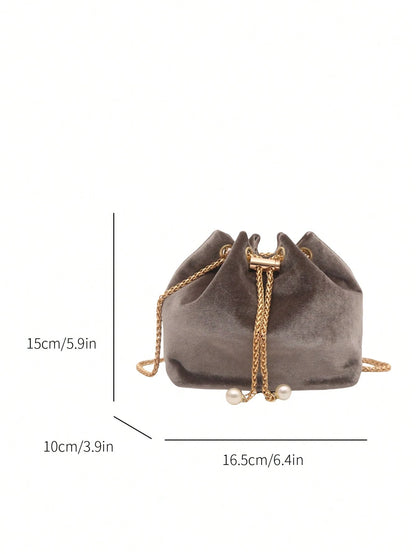 Fashion Solid Color Hollow Out Woven Chain Drawstring Mini Crossbody Bucket Bag