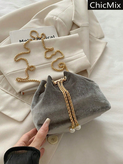 Fashion Solid Color Hollow Out Woven Chain Drawstring Mini Crossbody Bucket Bag