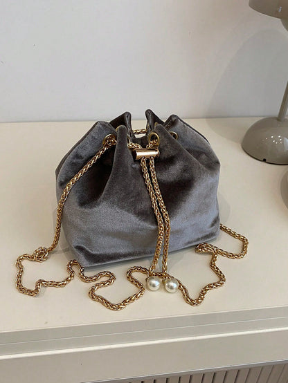 Fashion Solid Color Hollow Out Woven Chain Drawstring Mini Crossbody Bucket Bag