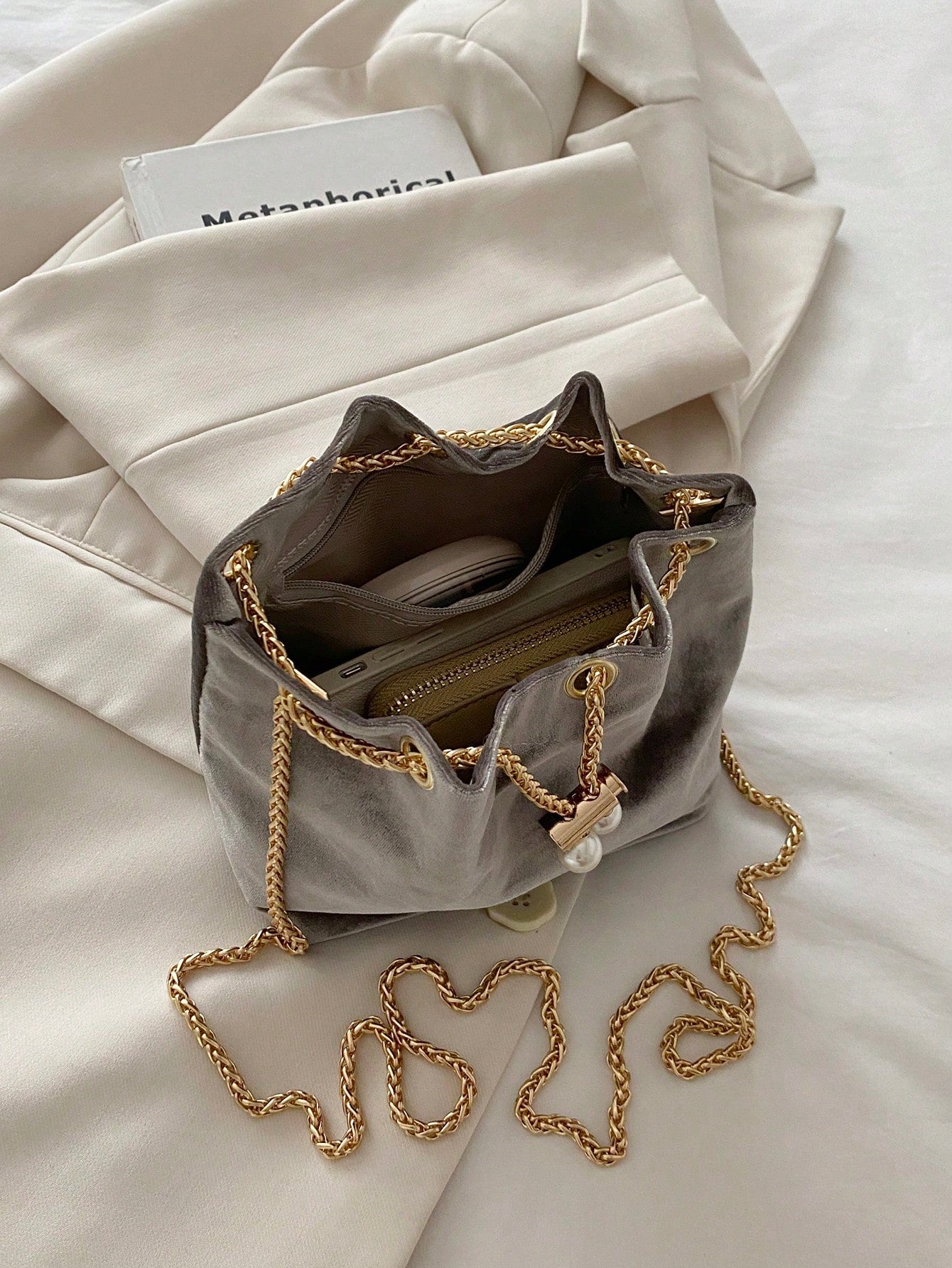 Fashion Solid Color Hollow Out Woven Chain Drawstring Mini Crossbody Bucket Bag