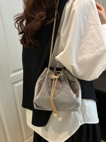 Fashion Solid Color Hollow Out Woven Chain Drawstring Mini Crossbody Bucket Bag
